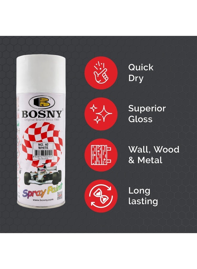 Bosny Spray Paint White Aerosol – Fast Dry Gloss Finish Paint for Metal Wood Plastic Car DIY Home Use - Image 2