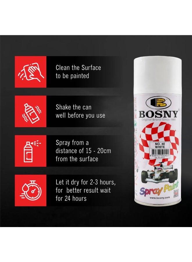 Bosny Spray Paint White Aerosol – Fast Dry Gloss Finish Paint for Metal Wood Plastic Car DIY Home Use - Image 5