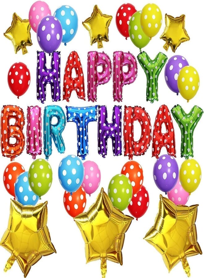Theme My Party Cute Birthday Party Decorations Set - Happy Birthday Balloon Letters, 6 pcs Gold Foil Star , 51pcs Latex Polka Balloons