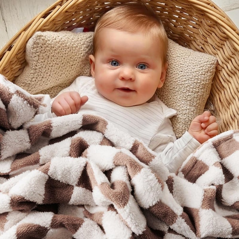 FIGEPO Ultra Soft Fuzzy 30 X 40 Inches Cozy Reversible Baby Bed Blanket with 3D Chessboard Grid  Warm Comfort for Toddlers Infant or Newborn Brown - Image 3