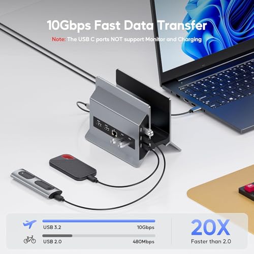 PULWTOP USB C Docking Station for Dual Monitors, Vertical Laptop Docking Station Stand with 2 HDMI 4K 60Hz, 3X USB A/C 10Gbps, 2 USB A 5Gbps, Ethernet and USB2.0 for Windows and ChromeOS - Image 4