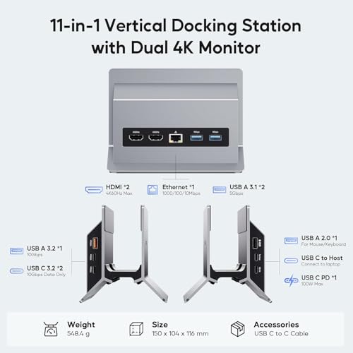 PULWTOP USB C Docking Station for Dual Monitors, Vertical Laptop Docking Station Stand with 2 HDMI 4K 60Hz, 3X USB A/C 10Gbps, 2 USB A 5Gbps, Ethernet and USB2.0 for Windows and ChromeOS - Image 2