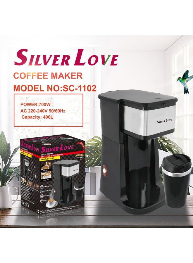 Silver Love SC-1102 Single Serve Coffee Maker, 700W Quick Brew Coffee Machine with Travel Mug, Portable Coffee Solution for Home, Office, Dorm, and Travel - Image 1
