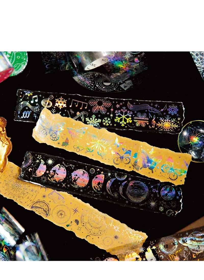 Generic Vintage Holographic Glitter PET Tape Shiny Butterfly Flowers Astronomy Resin Stickers Waterproof Transparent Shiny Tapes for DIY Art Craft Bullet Junk Journal Planner Scrapbooking Supplies 6 Rolls  - Image 3