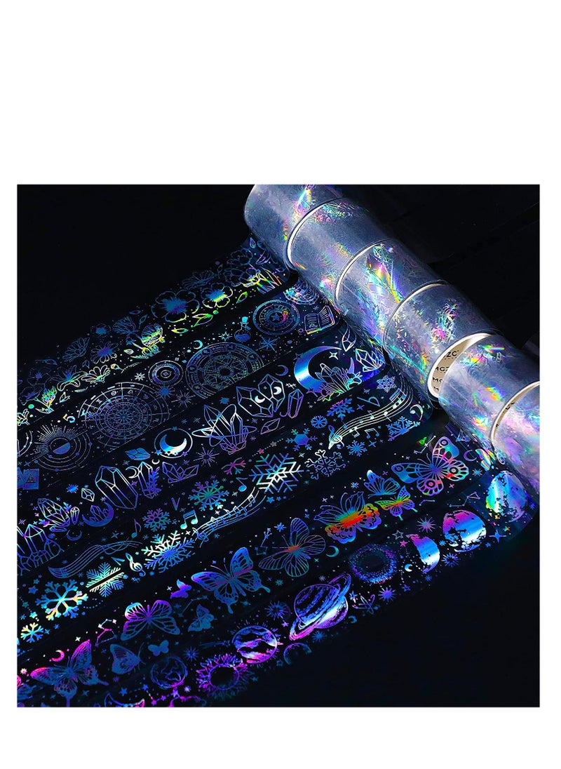 Generic Vintage Holographic Glitter PET Tape Shiny Butterfly Flowers Astronomy Resin Stickers Waterproof Transparent Shiny Tapes for DIY Art Craft Bullet Junk Journal Planner Scrapbooking Supplies 6 Rolls  - Image 1