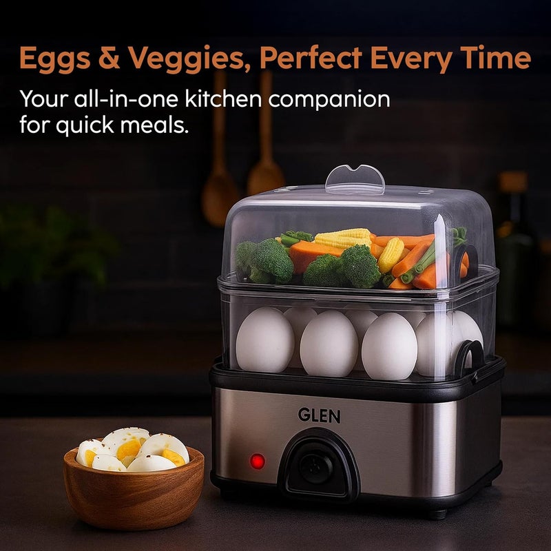 GLEN Electric Egg Boiler Machine, Boil 16 Eggs & Steam Vegetable, 350W, Auto Cut-off, Multicooker with 2 Steamer Rack, Non Stick Cooking Plate for Instant Noodles, Scrambled Eggs (SA3036EBSPLUS) - Image 3