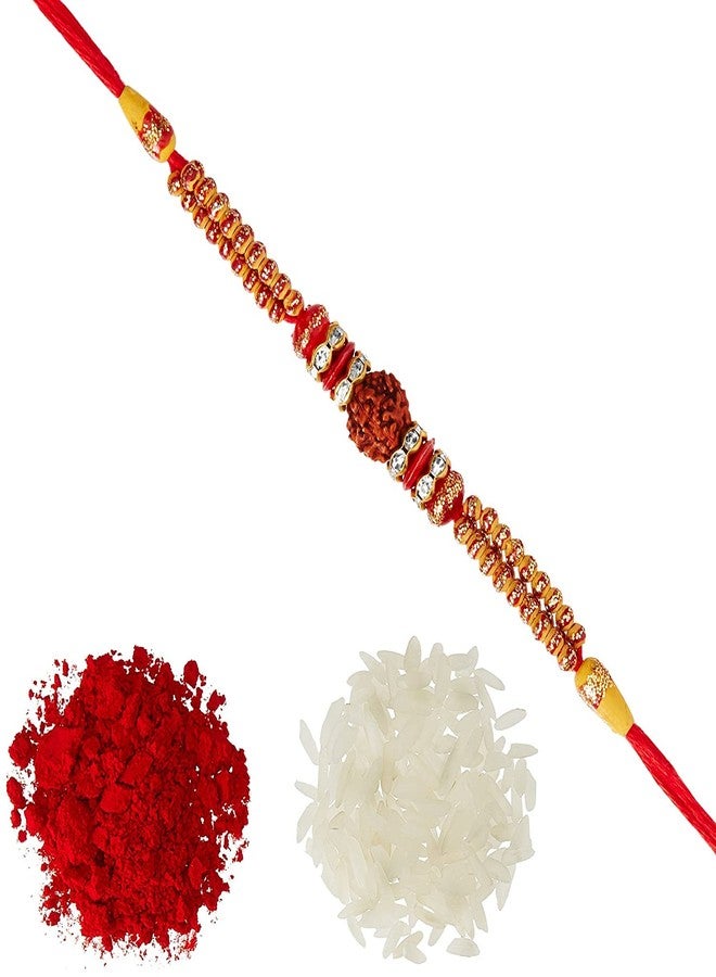 VTFlair Fancy Rudraksha AD Ring Beads Rakhi with Roli Chawal Tilak for Men Boys (Golden) Rakhi for Brother0-060