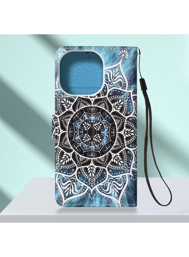 HuHa Case Cover For iPhone 14 Pro Max Painted Flat Texture Leather Case with Lanyard & Card Slot & Wallet & Holder (Undersea Mandala) - Image 3