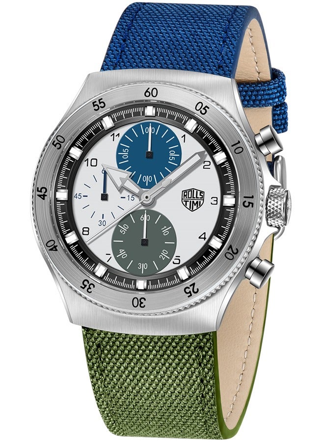 RollsTimi  Men's Quartz Chronograph Watches, 316 Stainless Steel Frame, Sapphire Glass Surface With Green Nylon Leather Strap, RT7932 - Image 1