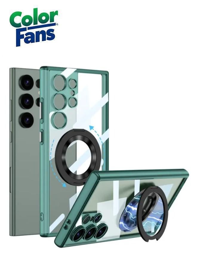 Color Fans Samsung Galaxy S24 Ultra 360° Rotatable Magnetic Ring Holder Case Scratchproof Protective Kickstand Phone Case - Green - Image 1