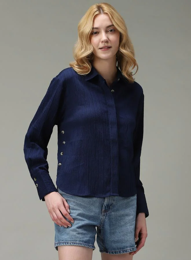 OUTZIDR Navy Blue Side Button Detail Textured Shirt