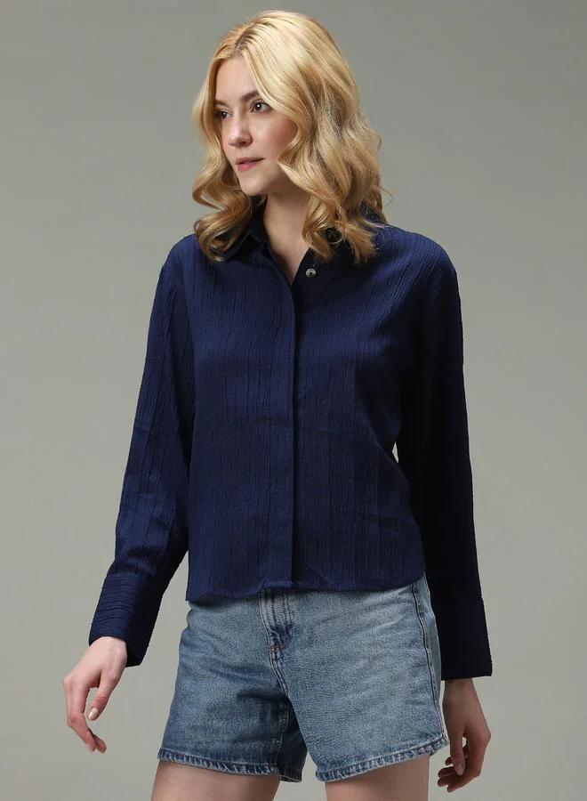 OUTZIDR Navy Blue Side Button Detail Textured Shirt