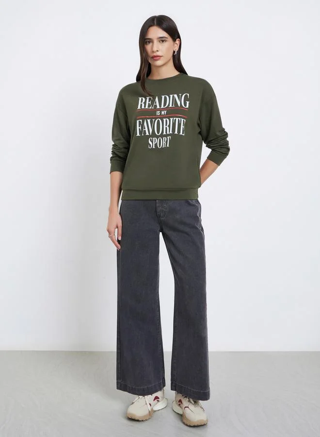 Take Two Take Two Olive Slogan Print Long Sleeve T-Shirt