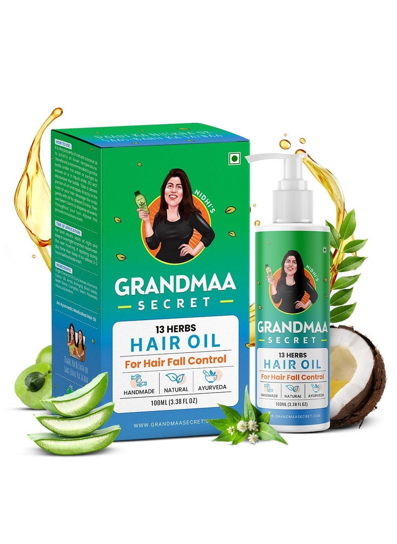 NIDHI'S GRANDMAA SECRET - NIDHI’S GRANDMAA SECRET 13 Herbs Hair Oil Handmade Natural Hair Oil With Coconut Oil, Curry Leaves & More Hair Fall Control Oil For Dry Damaged Hair, 100ml - Image 1