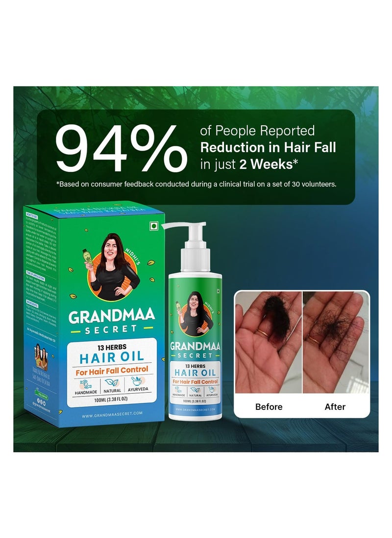 NIDHI'S GRANDMAA SECRET - NIDHI’S GRANDMAA SECRET 13 Herbs Hair Oil Handmade Natural Hair Oil With Coconut Oil, Curry Leaves & More Hair Fall Control Oil For Dry Damaged Hair, 100ml - Image 1