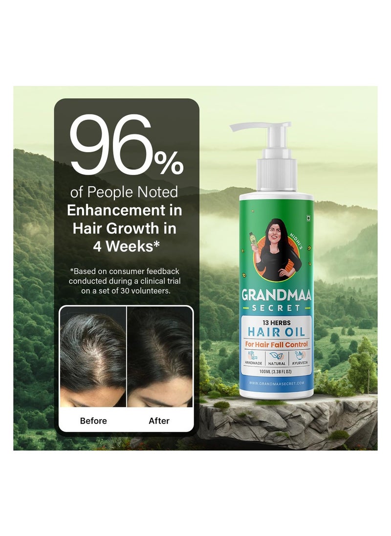NIDHI'S GRANDMAA SECRET - NIDHI’S GRANDMAA SECRET 13 Herbs Hair Oil Handmade Natural Hair Oil With Coconut Oil, Curry Leaves & More Hair Fall Control Oil For Dry Damaged Hair, 100ml - Image 1