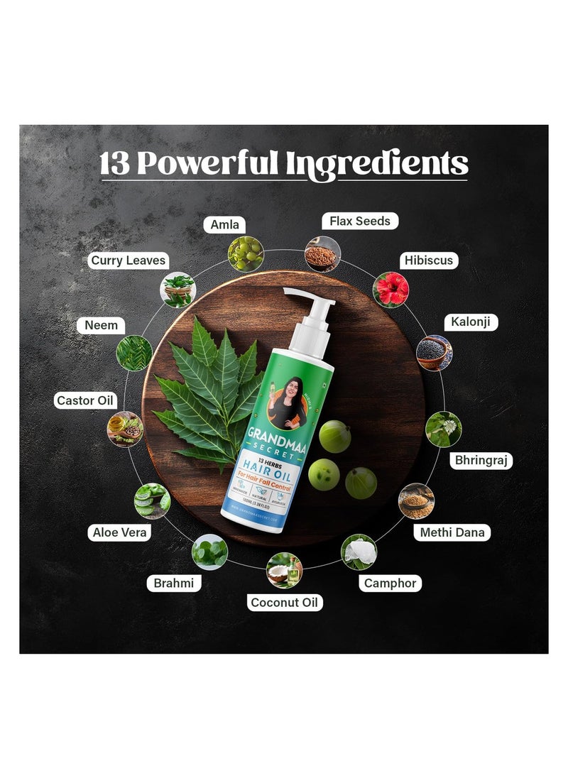 NIDHI'S GRANDMAA SECRET - NIDHI’S GRANDMAA SECRET 13 Herbs Hair Oil Handmade Natural Hair Oil With Coconut Oil, Curry Leaves & More Hair Fall Control Oil For Dry Damaged Hair, 100ml - Image 1