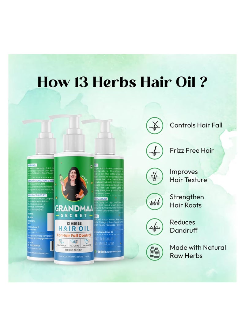 NIDHI'S GRANDMAA SECRET - NIDHI’S GRANDMAA SECRET 13 Herbs Hair Oil Handmade Natural Hair Oil With Coconut Oil, Curry Leaves & More Hair Fall Control Oil For Dry Damaged Hair, 100ml - Image 1