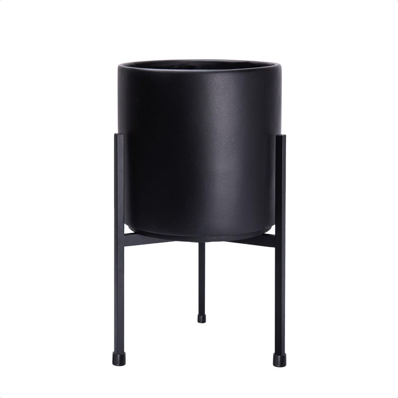 D'vine Dev Modern Black Plants Pot Cylinder Planter with Heavy Duty Stand, Small 8 Inch Pot, 12.6 Inch with Stand Height, 96-T-B-1 - Image 1