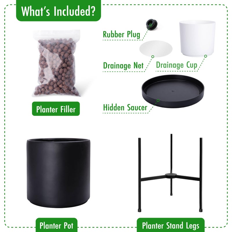 D'vine Dev Modern Black Plants Pot Cylinder Planter with Heavy Duty Stand, Small 8 Inch Pot, 12.6 Inch with Stand Height, 96-T-B-1 - Image 5
