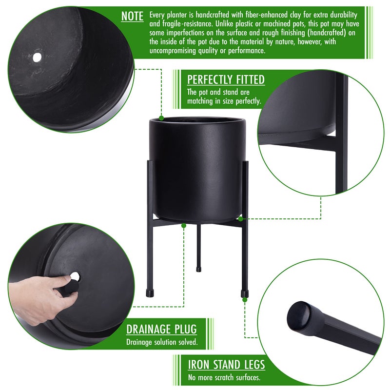 D'vine Dev Modern Black Plants Pot Cylinder Planter with Heavy Duty Stand, Small 8 Inch Pot, 12.6 Inch with Stand Height, 96-T-B-1 - Image 4