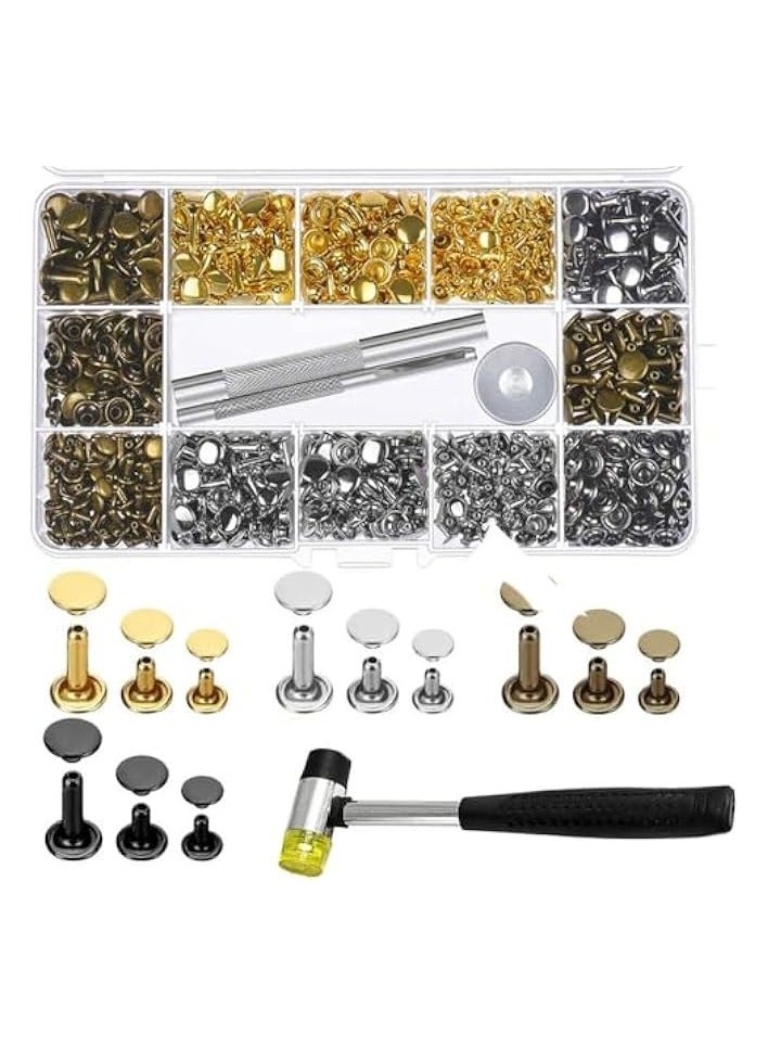 PROMASS 480PCS Rivets for Leather Kit, 4 Colors 2 Sizes Double Cap Rivets with Hammer & Rivet Press Tools for Fabric, Leather Rivets Set, Leather Working & Repair  - Image 1