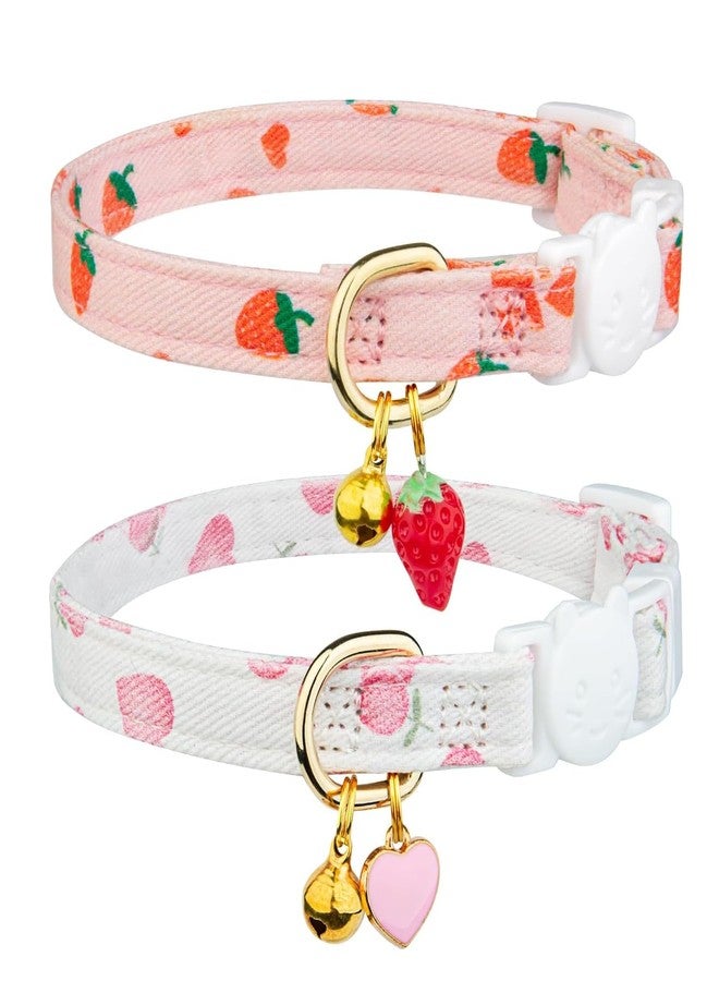 TecoKart® Adjustable Cat Collar Set - 2 PCS Soft Cat Collar with Bell for Indoor Cats, Cute Neck Belt for Kittens & Small Cats (Pink Strawberry & White Heart Design) - Image 1
