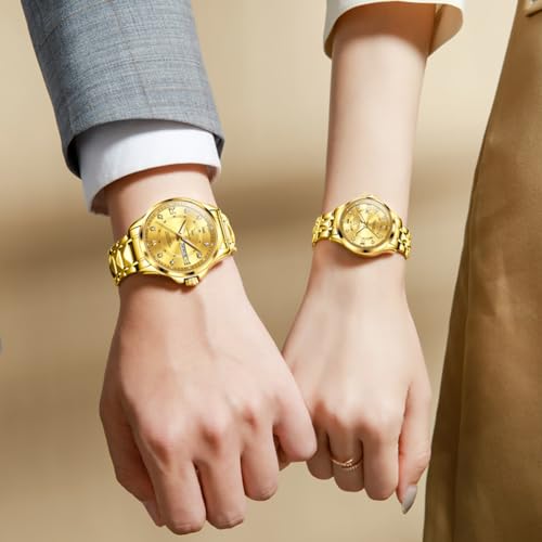 OLEVS His and Her Watches for Couples Set Gift Set Dress Watch Men and Women Wristwatch Waterproof Matching Watches Couples Romantic Date Watch Gold - Image 4