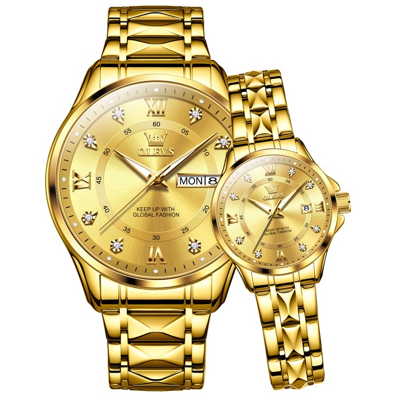 OLEVS His and Her Watches for Couples Set Gift Set Dress Watch Men and Women Wristwatch Waterproof Matching Watches Couples Romantic Date Watch Gold - Image 1