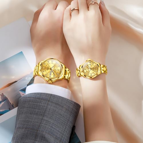 OLEVS His and Her Watches for Couples Set Gift Set Dress Watch Men and Women Wristwatch Waterproof Matching Watches Couples Romantic Date Watch Gold - Image 2