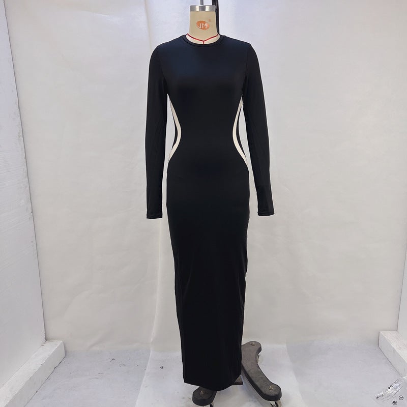 Fashionable Color Block Slim Fit Long Sleeve round Neck Dress Fingerless Gloves New Autumn Winter Womens Streetwear Dress Black 