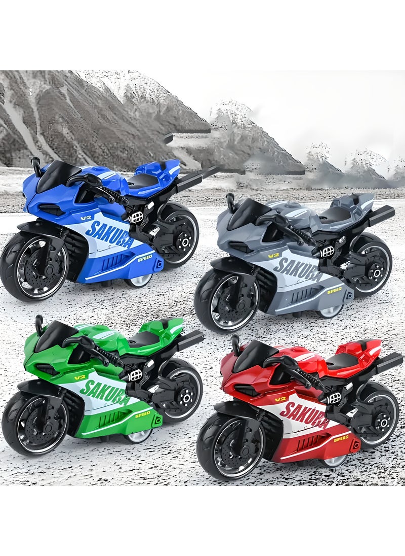 SAKURA 4pc Cool alloy pull-back motorcycle toy, simulation motorcycle racing model, powerful pull-back car, thick wheel anti-fall wear-resistant alloy motorcycle model (Blue/Red/Green/Gray)  - Image 1