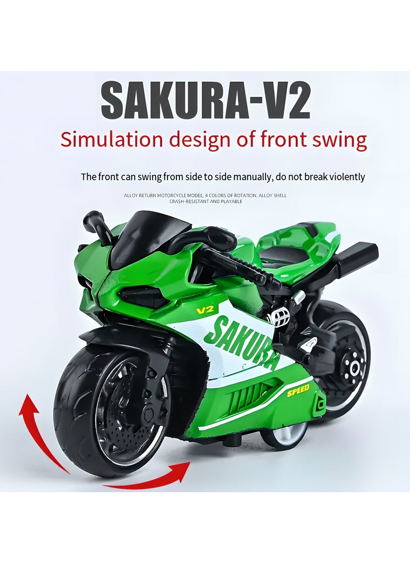 SAKURA 4pc Cool alloy pull-back motorcycle toy, simulation motorcycle racing model, powerful pull-back car, thick wheel anti-fall wear-resistant alloy motorcycle model (Blue/Red/Green/Gray)  - Image 4