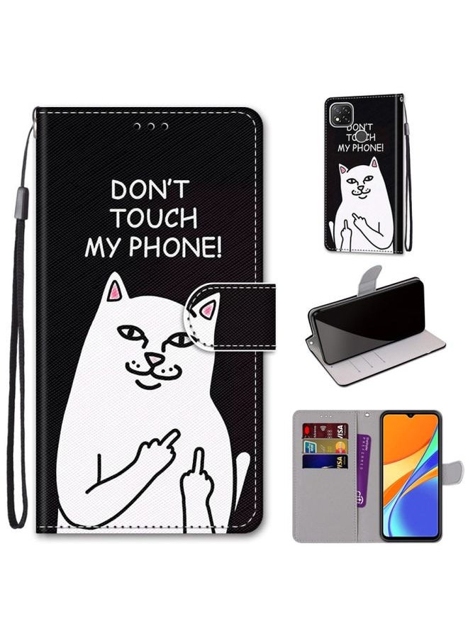 HuHa Case Cover For Xiaomi Redmi 9C Coloured Drawing Cross Texture Horizontal Flip PU Leather Case with Holder & Card Slots & Wallet & Lanyard Middle Finger White Cat 