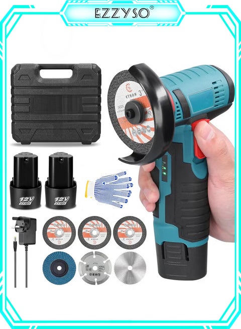 Angle Grinder Tool, Mini Angle Grinder, Cordless Electric Angle Grinding Tool 12V 19500RPM with 2PCS 2000mAh Battery, Nylon Cutting Blade-s/Grinding Disc/Metal Cutting Disc