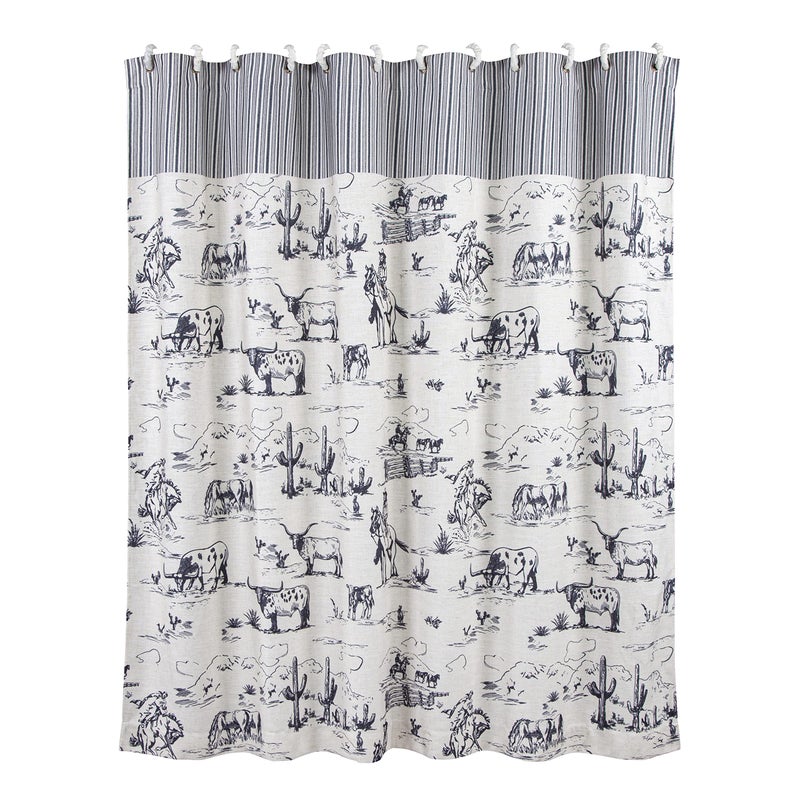 H HIEND ACCENTS H HIEND ACCENTS Paseo Road Ranch Life Bathroom Fabric Shower Curtain with 12 Hooks 72x72 inch Black and White Cowboy Cow Longhorn Horse Print Western Style 