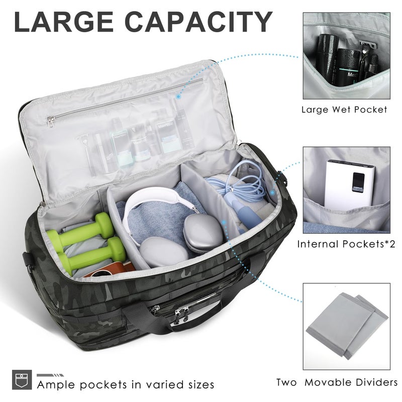 ETRONIK Travel Bag for Men Women, Gym Bag & Tactical Duffle Bags for Travel, Carry on with Toiletry Bag and Shoe Compartment, Weekender Overnight Trip with Wet Pocket for Workout Medical, Black Camo - Image 2
