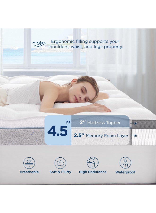 Bedsure Bedsure 4.5 Inch Memory Foam Mattress Topper Queen Size, Dual Layer 2.5 Inch Gel Memory Foam & 2 Inch Waterproof Pillow Top Cooling Mattress Pad, Deep Pocket Fits 8"-21" Mattresses, Medium Support  - Image 2