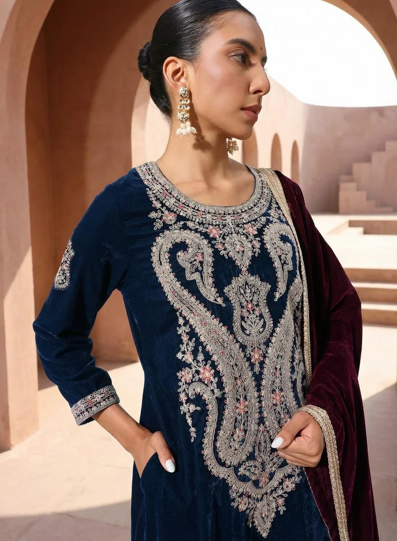 Ishin  Rich Purple Embroidered A-line Kurta sets in Velvet for Women | Best Price UAE