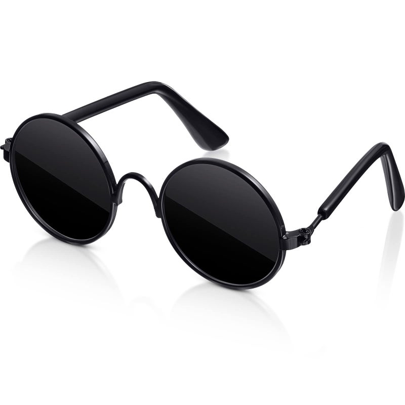 Xuniea Dog Sunglasses Retro Pet Glasses Doll Glasses Classic Round Dog Glasses Metal Cat Puppy Eye Wear Hippie Costumes for Cats and Dogs Photos Props Cosplay Party Costume Black Classic Style - Image 2