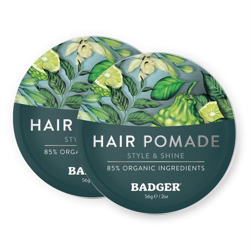 Badger Hair Pomade for Men Organic Easy to Use Subtle Masculine Scent Medium Hold Hair Pomade with Medium Shine Finish Nourishes Hair Scalp 2 oz Tin 2Pack
