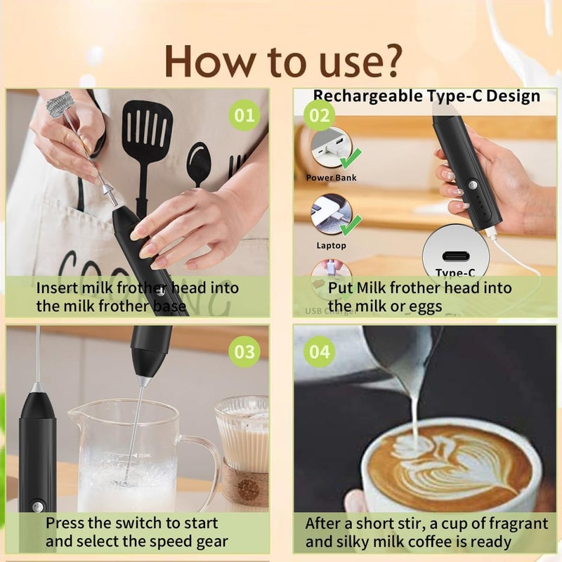 MITCMOLARD Milk Frother, Coffee Mixer, Rechargeable Coffee Frother, Milk Frother Handheld, Coffe Whisk, Coffee Stirrer for Latte Cappuccino, Coffee Beater, Milk Foam Maker 3 Speeds, Coffe Blender - Image 5