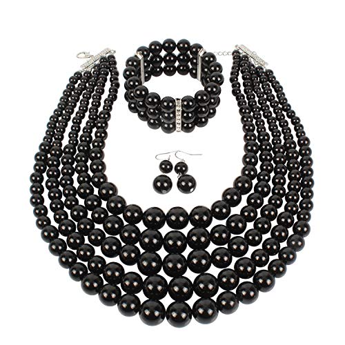 KOSMOS-LI Multi Layer Pearl Strand Necklace Bracelet And Earring Imitate Black Pearl Jewelry Sets For Women - Image 1