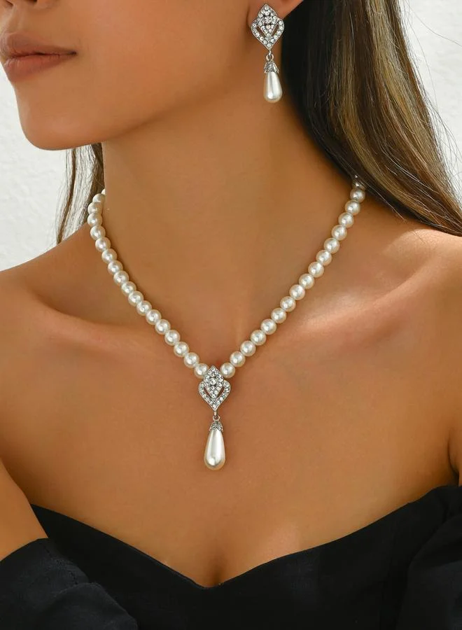 Take Two Take Two Embellished Faux Pearl Pendant Necklace and Earrings Jewelry Set