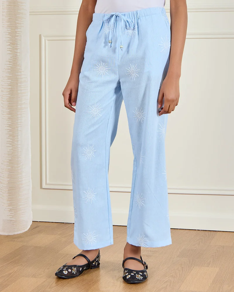Redtag Senior Girls Blue Wideleg Embroidered Pants
