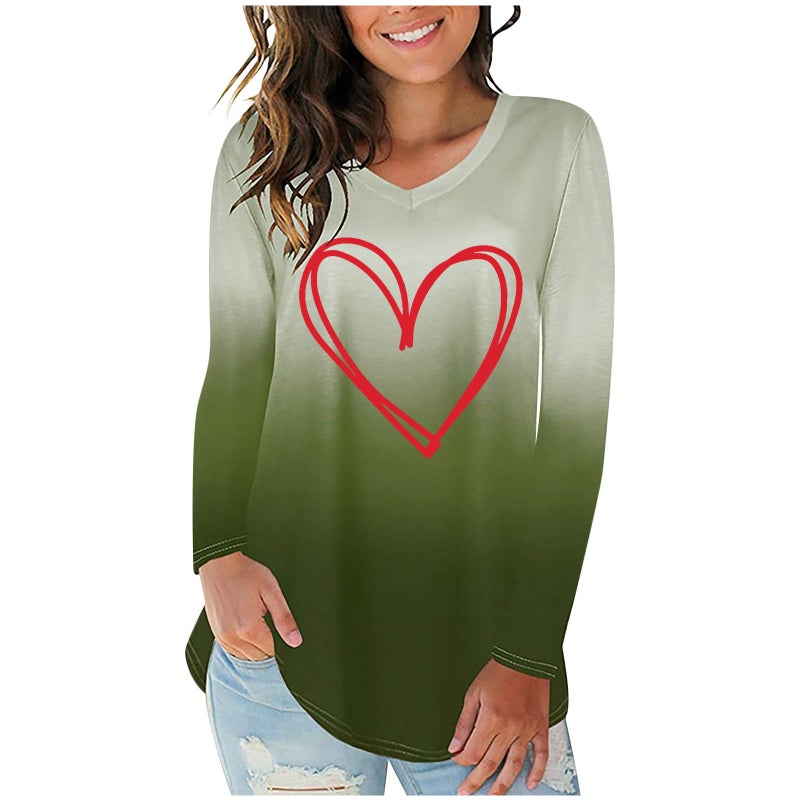 New Gradient red love printed irregular hem women's V-neck long sleeve T-shirt - Image 1
