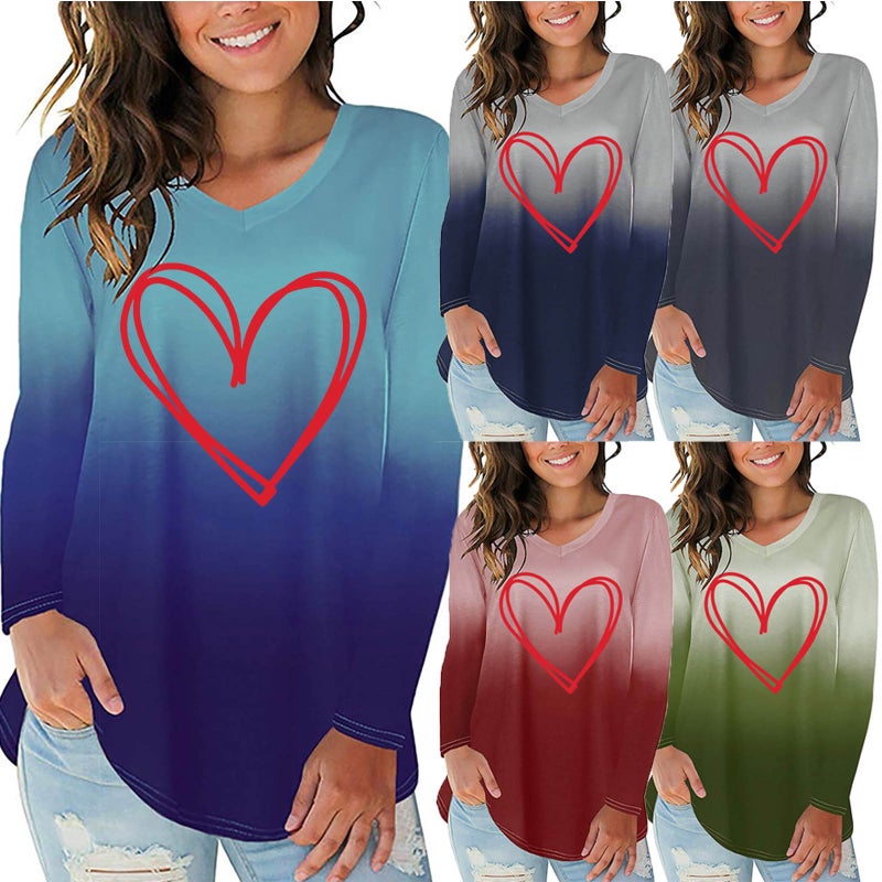 New Gradient red love printed irregular hem women's V-neck long sleeve T-shirt - Image 2