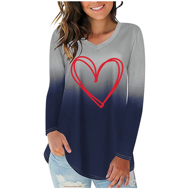 New Gradient red love printed irregular hem women's V-neck long sleeve T-shirt - Image 3