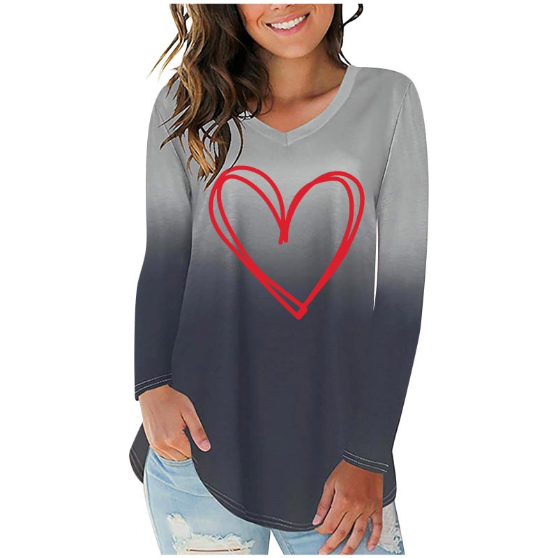 New Gradient red love printed irregular hem women's V-neck long sleeve T-shirt - Image 5