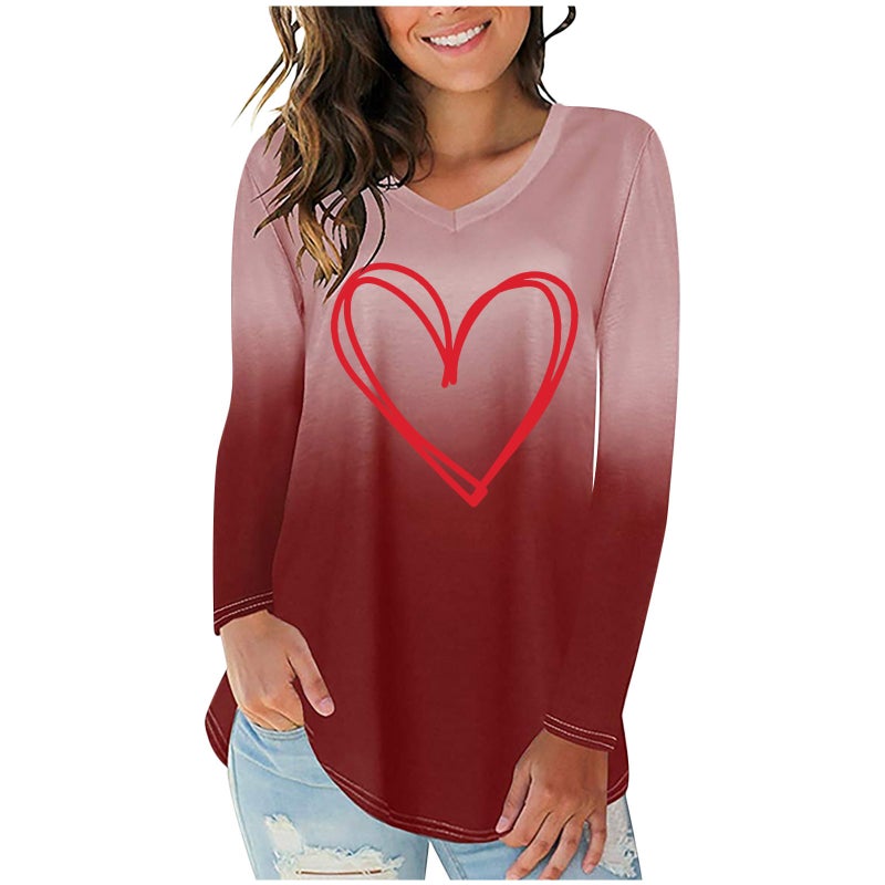 New Gradient red love printed irregular hem women's V-neck long sleeve T-shirt - Image 4